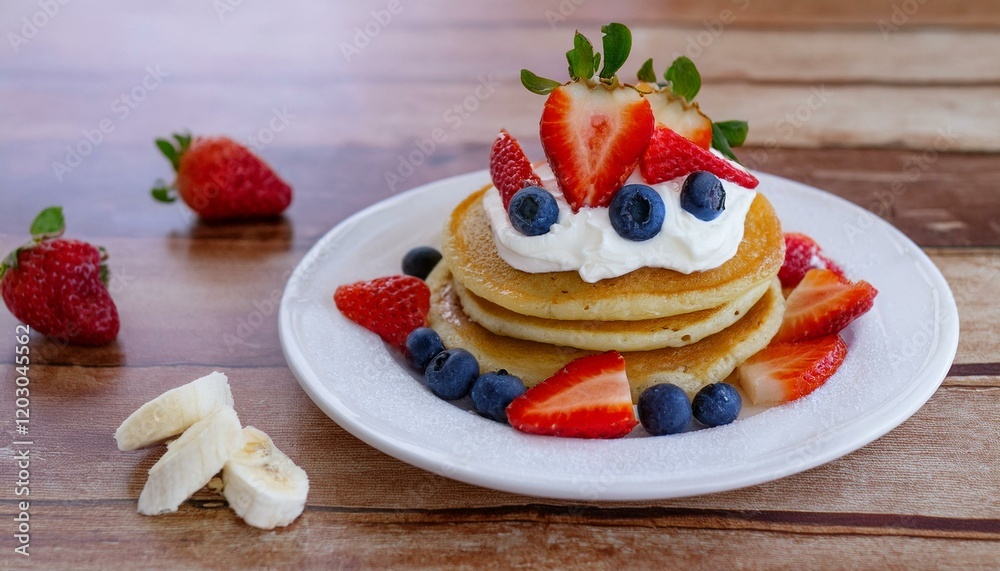 Pancakes decorated with cream and fruit Pancakes decorated with cream and fruit