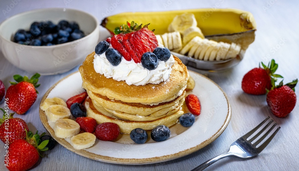 Pancakes decorated with cream and fruit Pancakes decorated with cream and fruit