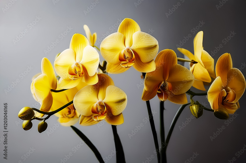 Obraz premium Orangeblühende Orchidee auf Pastell blauem Hintergrund
