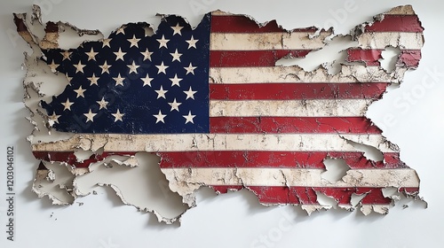 Tattered American flag art piece on white background.
