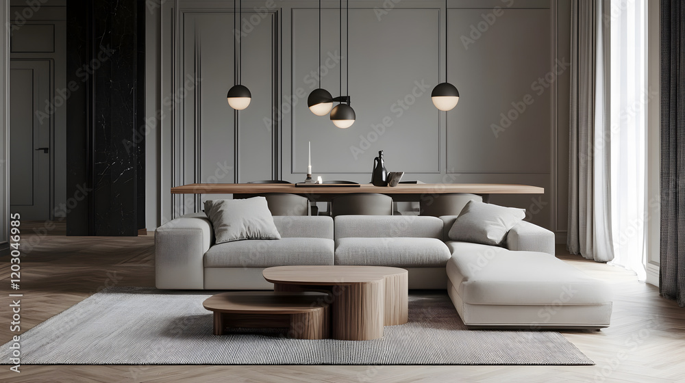 Fototapeta premium Modern lounge with a neutral palette, minimalist furniture, and pendant lighting.