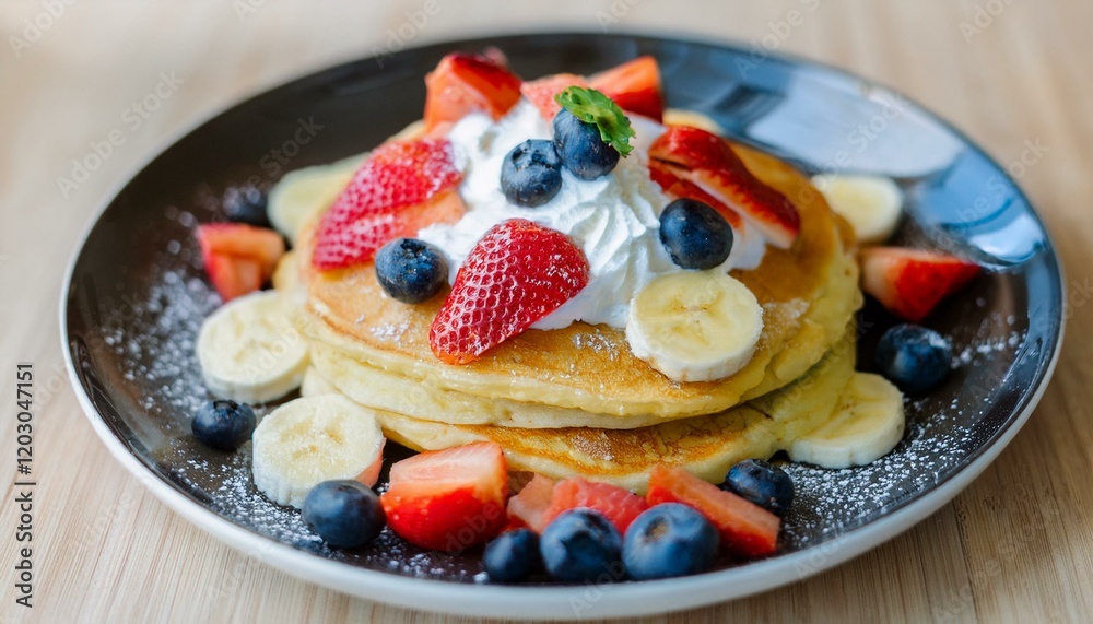 Pancakes decorated with cream and fruit Pancakes decorated with cream and fruit