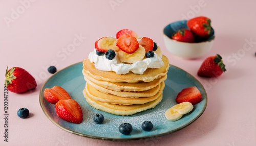 Pancakes decorated with cream and fruit photo