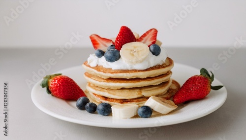 Pancakes decorated with cream and fruit photo