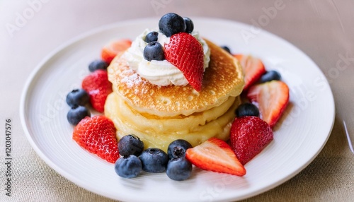 Pancakes decorated with cream and fruit photo