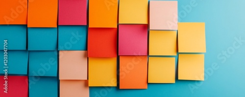 Vibrant Sticky Note Wall: An abstract arrangement of colorful sticky notes in various shades of orange, yellow, pink, and blue, creating a visually striking and energetic pattern. 