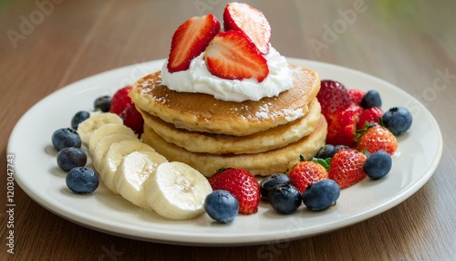 Pancakes decorated with cream and fruit photo