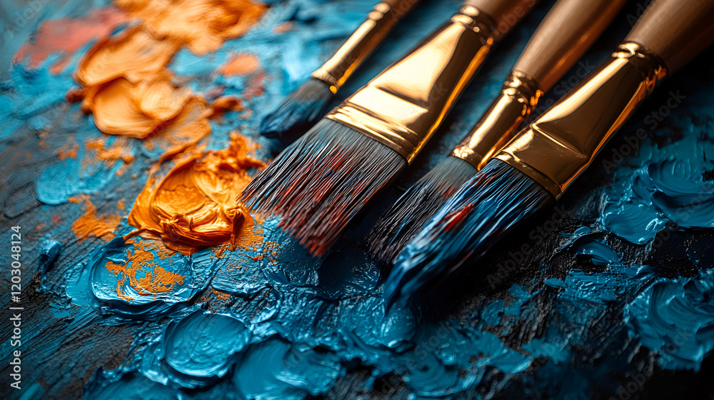 Fototapeta premium an artist palette with vivid paint splatters and brushes ai 
