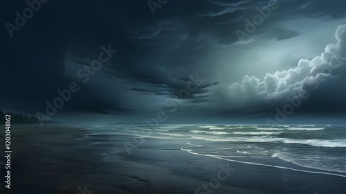Dramatic 16 9 image of a deserted beach with ominous storm clouds gathering overhead and rough turbulent seas crashing against the shoreline
