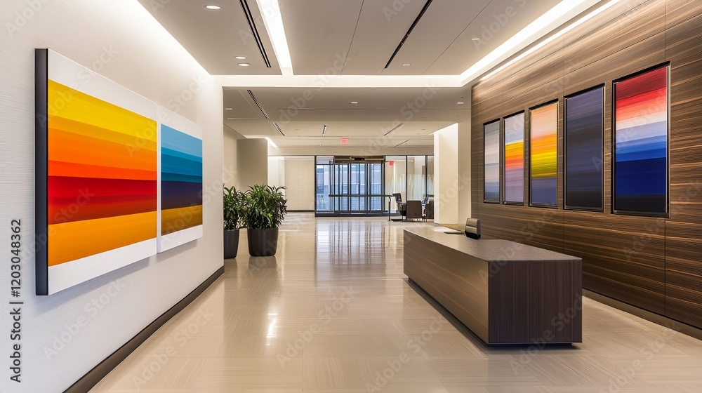 A modern office lobby featuring vibrant abstract art and a reception desk. A modern office lobby featuring vibrant abstract art and a reception desk.