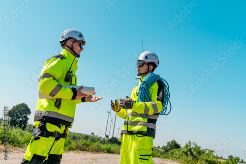 Workers in reflective gear engage in safety briefing near wind turbines under bright blue sky