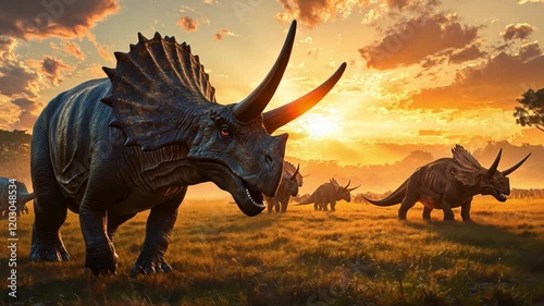 This image captures a serene moment in a prehistoric world. Triceratops grace the landscape. Perfect for educational, artistic, or entertainment purposes. Generative AI