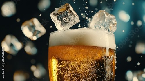 Cold beer with floating ice cubes	