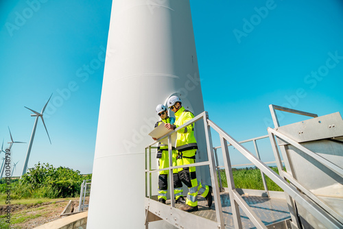 Wind turbine technicians inspecting equipment at a renewable energy facility during the day