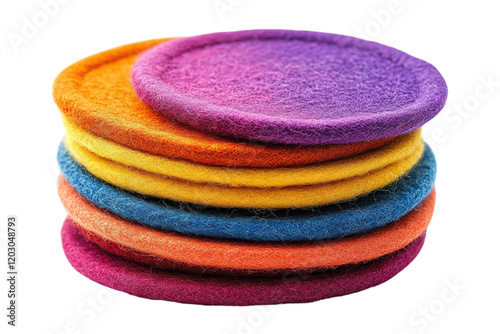 Colorful felt coasters stacked together with vibrant hues of purple, orange, yellow, and blue on a white background