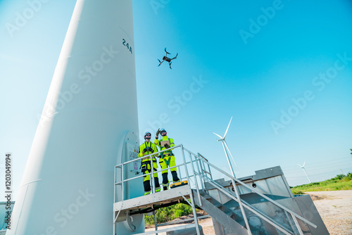 Wind energy technicians monitor turbine operations using a drone in a renewable energy facility