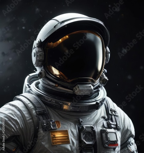 Astronaut in a spacesuit with a shiny metallic visor against the blackness of space, galaxy, cosmos, stars photo