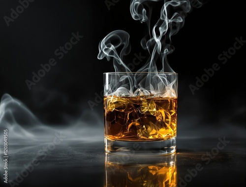 Artistic shot of a smoked whisky cocktail, with focus on the swirling smoke, luxury, art photo