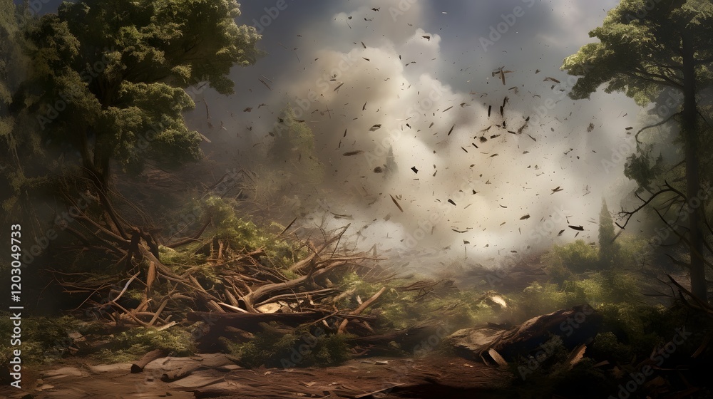 Dramatic scene of a powerful windstorm uprooting trees and scattering debris across a rugged landscape  The intense storm creates a chaotic and destructive natural environment