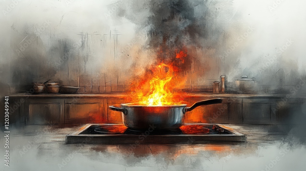 Kitchen fire: pot ablaze, smoke billows. Kitchen fire: pot ablaze, smoke billows.