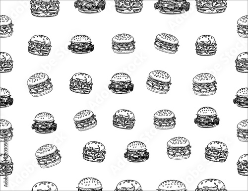 doodle burger pattern background. doodle fast food burger seamless pattern background. seamless pattern of hamburger in doodle style. Seamless Pattern of a Cheese Burger or Hamburger.
