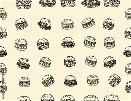 doodle burger pattern background. doodle fast food burger seamless pattern background. seamless pattern of hamburger in doodle style. Seamless Pattern of a Cheese Burger or Hamburger.