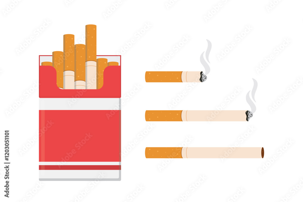 Cigarette pack and cigarettes set different stages of burn, Tobacco burning process from new cigarette to butt, Smoking products with ash, harmful cigar,