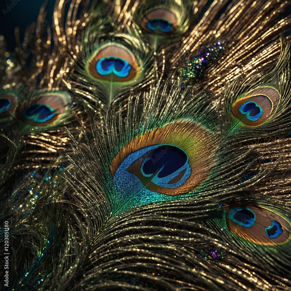 Fototapeta premium A close-up of a peacocks feathers displaying their iridescent beauty2 ,A pair of peacock feathers on display with their vibrant colors and intricate patterns, nature, elegant
