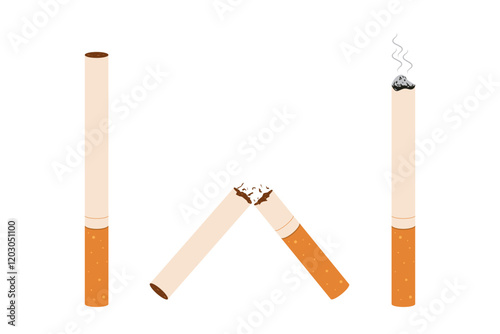 Cigarettes set elements isolated on white background. Tobacco burning process new cigarette and butt, Smoking products with ash, harmful cigar. Stop smoking