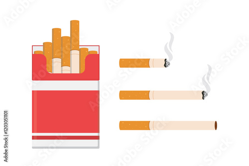 Cigarette pack and cigarettes set different stages of burn, Tobacco burning process from new cigarette to butt, Smoking products with ash, harmful cigar, photo