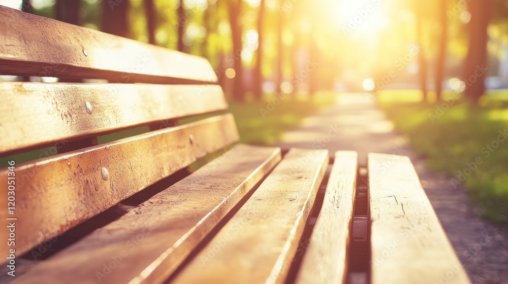 Wooden park bench basks in warm sunlight Wooden park bench basks in warm sunlight