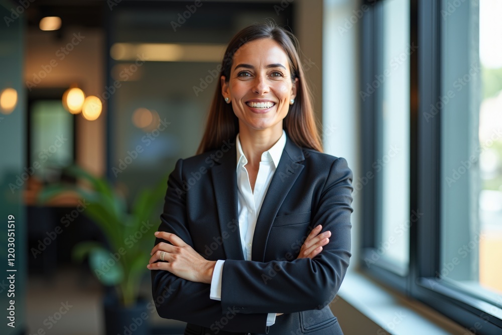 Confident Businesswoman Smiling in Modern Office Setting with Arms Crossed, Reflecting Professionalism and Leadership Skills Confident Businesswoman Smiling in Modern Office Setting with Arms Crossed, Reflecting Professionalism and Leadership Skills
