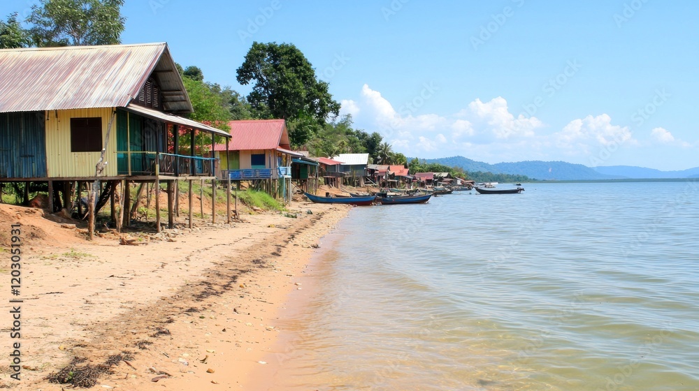 Obraz premium Lakeside Village in Tropical Setting