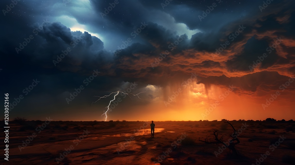Silhouetted Storm Chaser Standing Amidst Electrified Sky with Dramatic Thunderstorm Clouds in Moody Cinematic Landscape Adrenaline Filled Adventure and Concept Silhouetted Storm Chaser Standing Amidst Electrified Sky with Dramatic Thunderstorm Clouds in Moody Cinematic Landscape Adrenaline Filled Adventure and Concept