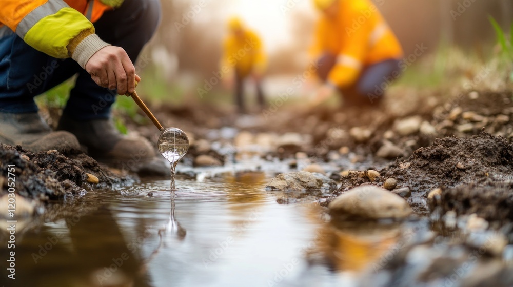 Worker collecting water sample from stream bed Worker collecting water sample from stream bed