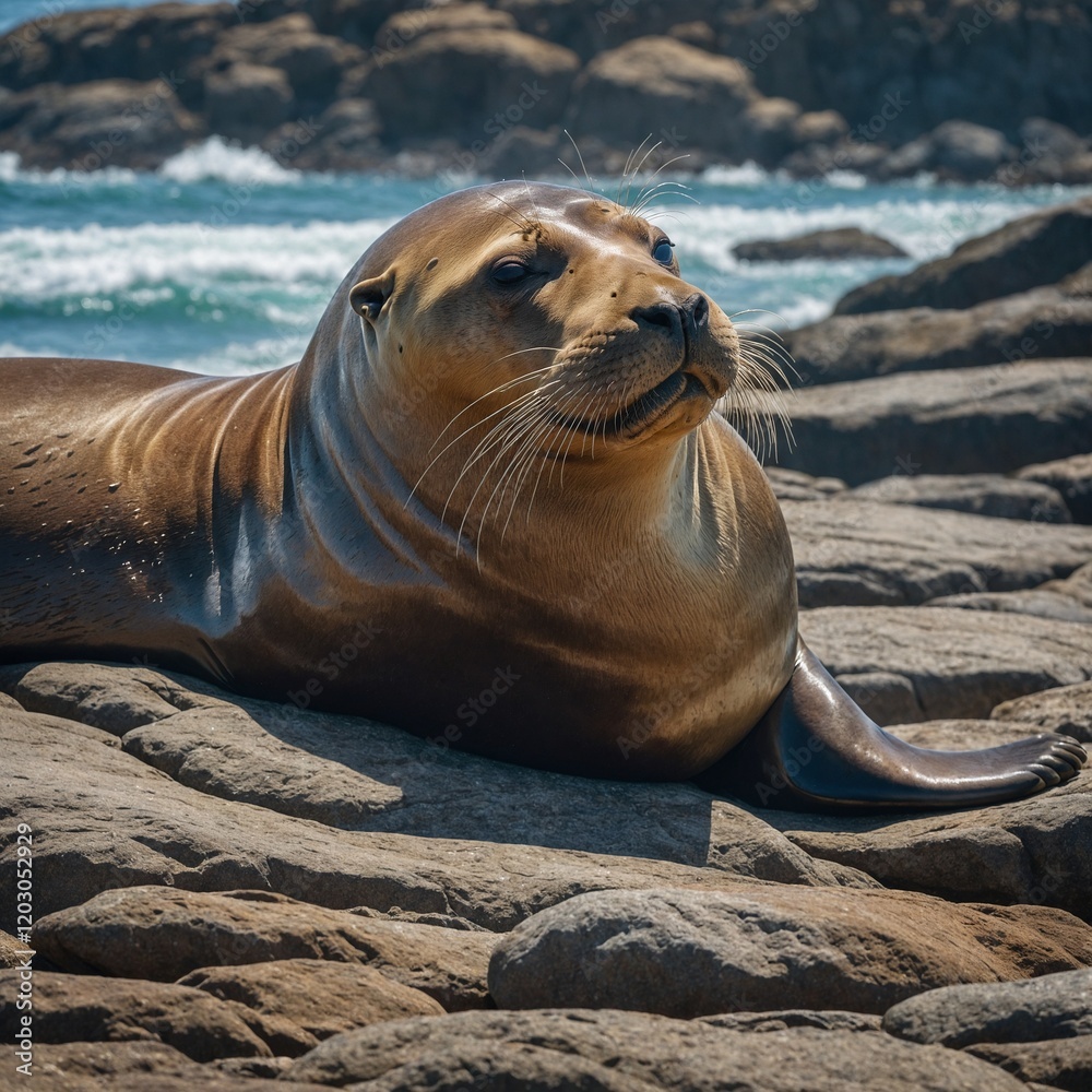 Fototapeta premium A sea lion basking in the sun on a rock. A playful seal lounging on a sunlit rock near the shore. Sea lion sitting on stone on beach