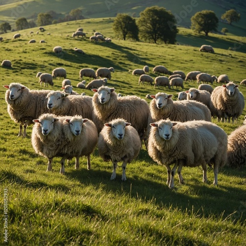 Flock of Sheep in Pasture,stock photography lleyn sheeps in a beautiful farm. Photo of a picturesque herd of sheep grazing in an idyllic rural setting with green hills and a clear sky in the 
 photo