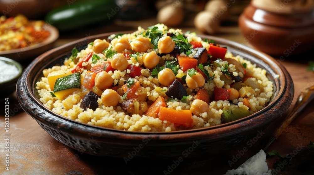 Traditional Moroccan couscous with vegetables and chickpeas. Featuring a flavorful and nutritious dish. Highlighting the texture and ingredients of the couscous. Ideal for food and cultural themes. Traditional Moroccan couscous with vegetables and chickpeas. Featuring a flavorful and nutritious dish. Highlighting the texture and ingredients of the couscous. Ideal for food and cultural themes.