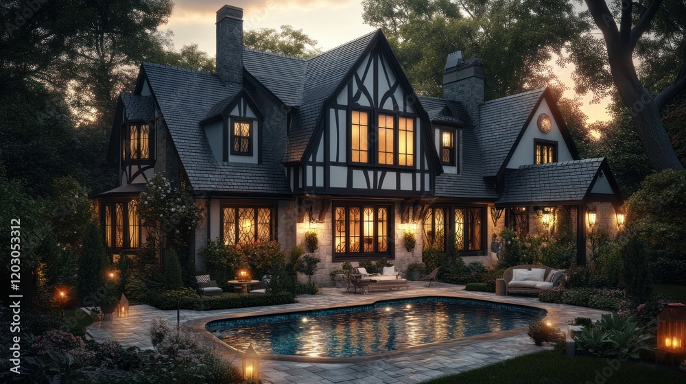 A 3D rendering of a cozy Tudor-style house with fairy roofs, a glowing pool, black and white exterior, and warm garden lighting, perfect for sale or rent, 4K photorealistic A 3D rendering of a cozy Tudor-style house with fairy roofs, a glowing pool, black and white exterior, and warm garden lighting, perfect for sale or rent, 4K photorealistic