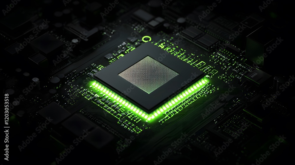 Fototapeta premium Futuristic Green Microchip glowing on Board / 基板上で光り輝く未来的な緑のマイクロチップ