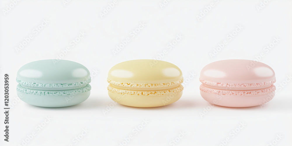 Obraz premium Pastel Macaron Trio: A delightful trio of pastel-colored macarons, each with a delicate texture and a hint of sweetness, arranged in a row, inviting a closer look. 