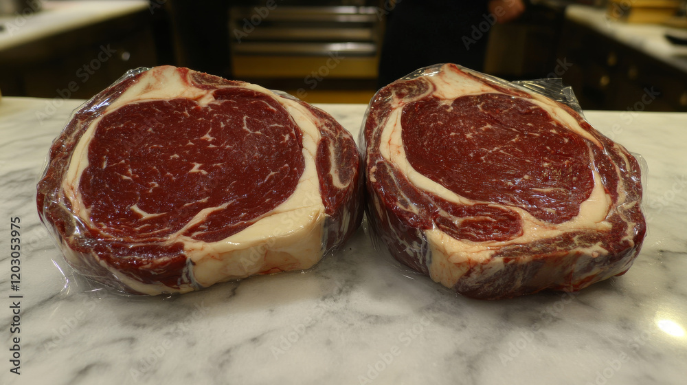 Two Vacuum-Sealed Ribeye Steaks on Marble Two Vacuum-Sealed Ribeye Steaks on Marble
