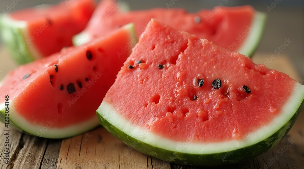 Slices of Ripe Watermelon on Rustic Wooden Surface, Scattered Seeds, High Angle, Natural Light, Warm Tone, Close Up, Detail, Sharp Focus, Food, Summer, Still Life. Slices of Ripe Watermelon on Rustic Wooden Surface, Scattered Seeds, High Angle, Natural Light, Warm Tone, Close Up, Detail, Sharp Focus, Food, Summer, Still Life.