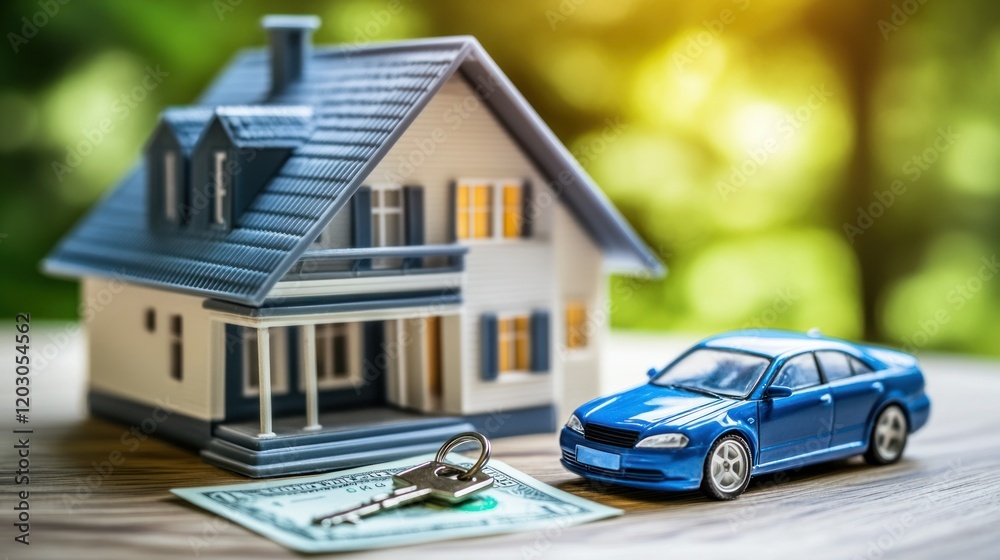 A blue toy car placed next to a model house on a wooden table, with a banknote and a key nearby, representing property loans, 4K render A blue toy car placed next to a model house on a wooden table, with a banknote and a key nearby, representing property loans, 4K render