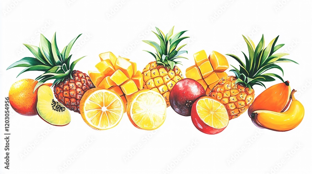 Tropical Fruit Delight: A vibrant and colorful still life showcasing a medley of fresh, ripe tropical fruits including pineapple, mango, lemon, and peach. Tropical Fruit Delight: A vibrant and colorful still life showcasing a medley of fresh, ripe tropical fruits including pineapple, mango, lemon, and peach.