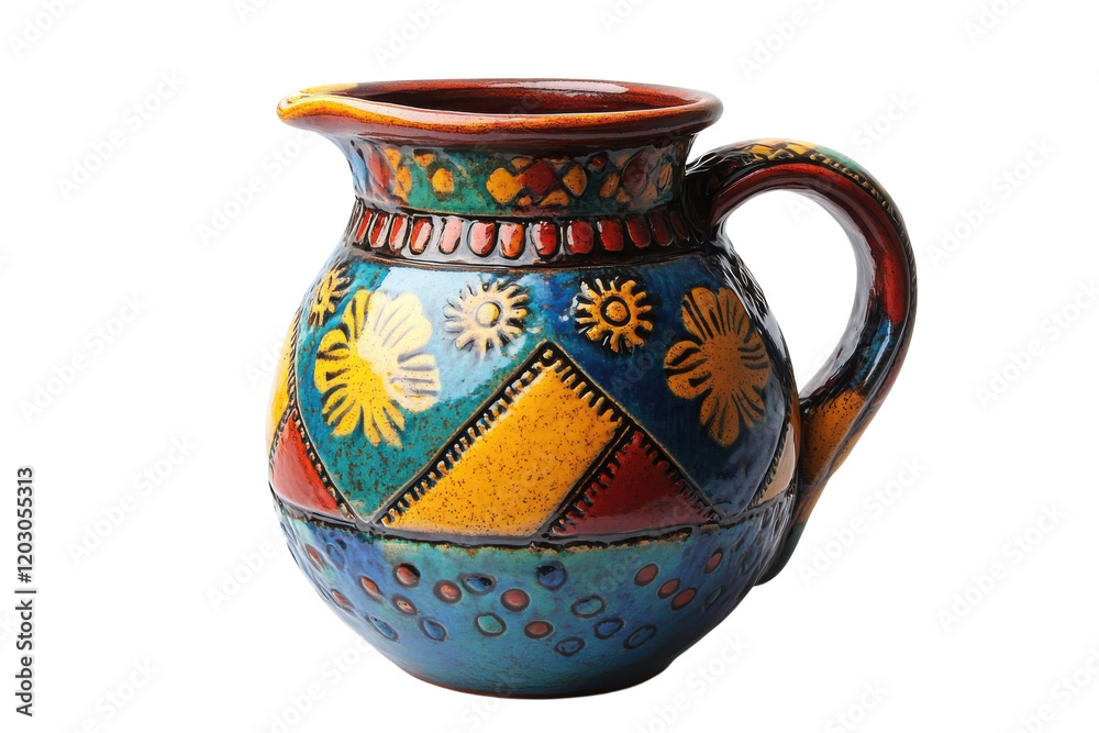 Colorful ceramic pitcher with intricate designs featuring flowers and geometric patterns Colorful ceramic pitcher with intricate designs featuring flowers and geometric patterns