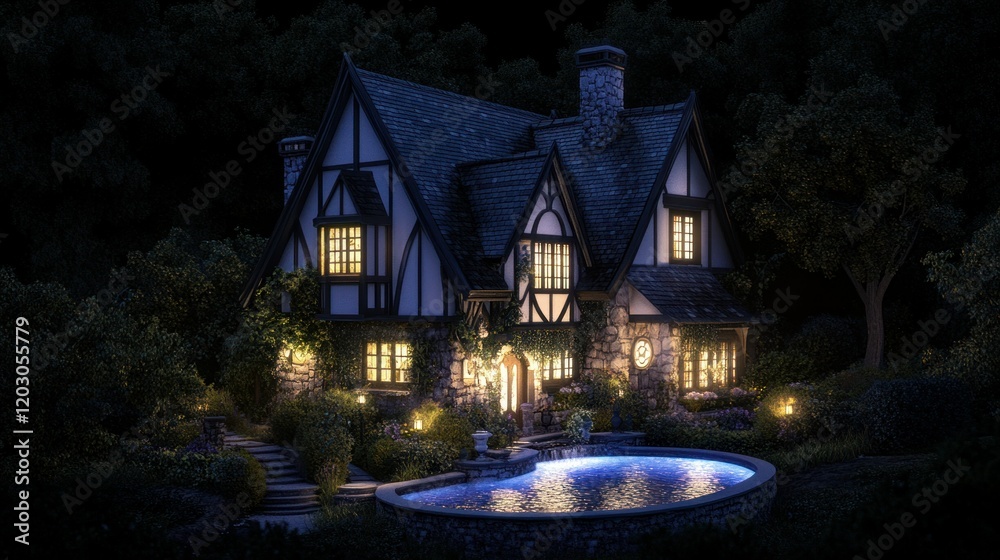 A charming Tudor-style home with a fairy-tale roof, white and black finishes, a glowing pool, and lush landscaping illuminated at night, isolated on black, 4K render A charming Tudor-style home with a fairy-tale roof, white and black finishes, a glowing pool, and lush landscaping illuminated at night, isolated on black, 4K render