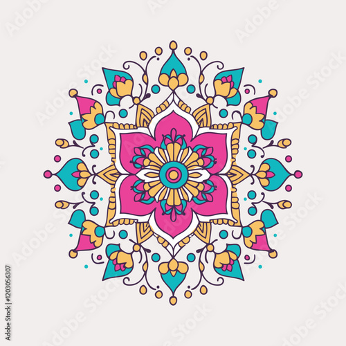 Vibrant Mandala Design in Pink, Teal, and Gold. A colorful mandala design, featuring intricate patterns of pink, teal, and gold flowers and leaves radiating outward from a central point. New mandala