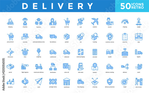 Delivery icon set with shipping, dropship, business, customer, purchase, cod, airplane, courier, weight, procurement icon. Simple retro vector 
