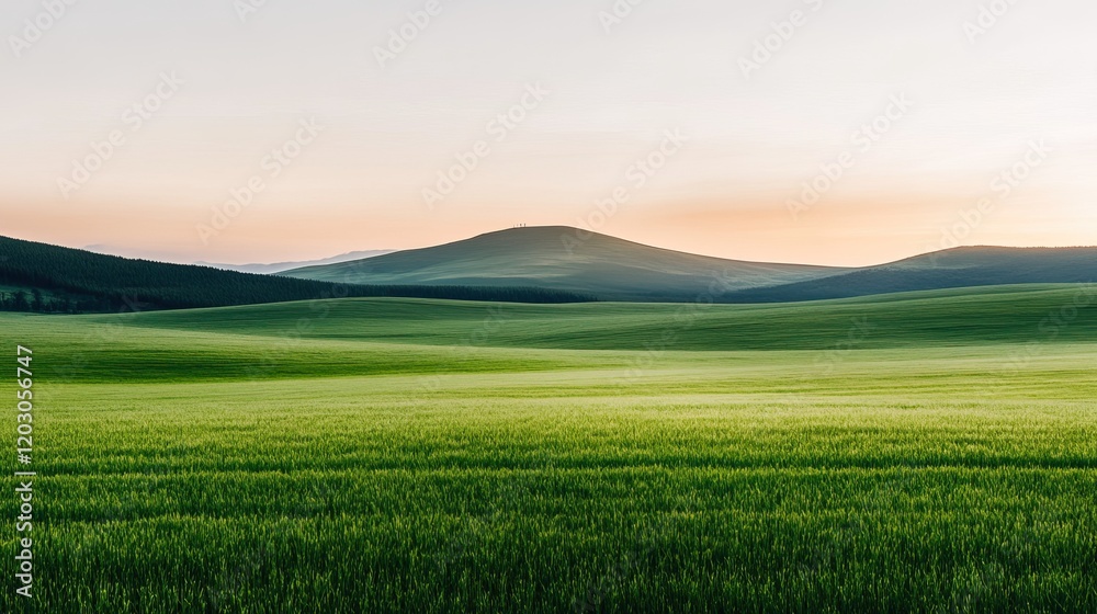 Obraz premium A serene landscape featuring rolling green hills under a soft, pastel sky at dawn, evoking tranquility and natural beauty.
